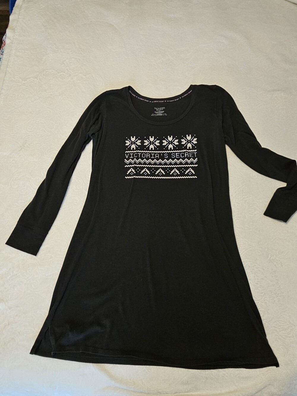Victoria Secret Black Sleep Shirt Dress Large Long Sleeve Snowflake Nightshirt L
